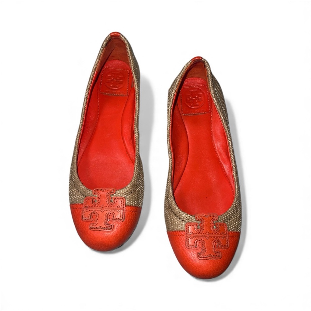 Tory Burch Carita Straw Wading in Orange and Tan Women's Flats